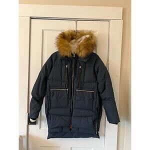 Orolay Women's small Thickened Down puffer coat Jacket navy blue faux fur hood